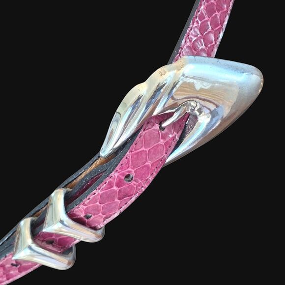 Genuine Snakeskin Belt Chrome Buckle Apple Acc of DE NY Magenta VTG 1970s Sz L - Picture 10 of 16